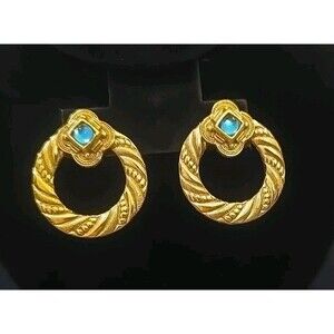 Vintage 1928 Jewelry Goldtone Earrings Green Cabochon Filigree Back